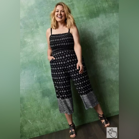 torrid Pants - Torrid Super Soft Black Border Print Smocked
Culotte Jumpsuit Size 0